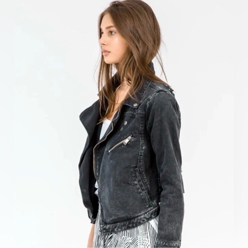 One Teaspoon Vespa Black Moto Biker Denim Jacket Distressed Washed black - Picture 2 of 11